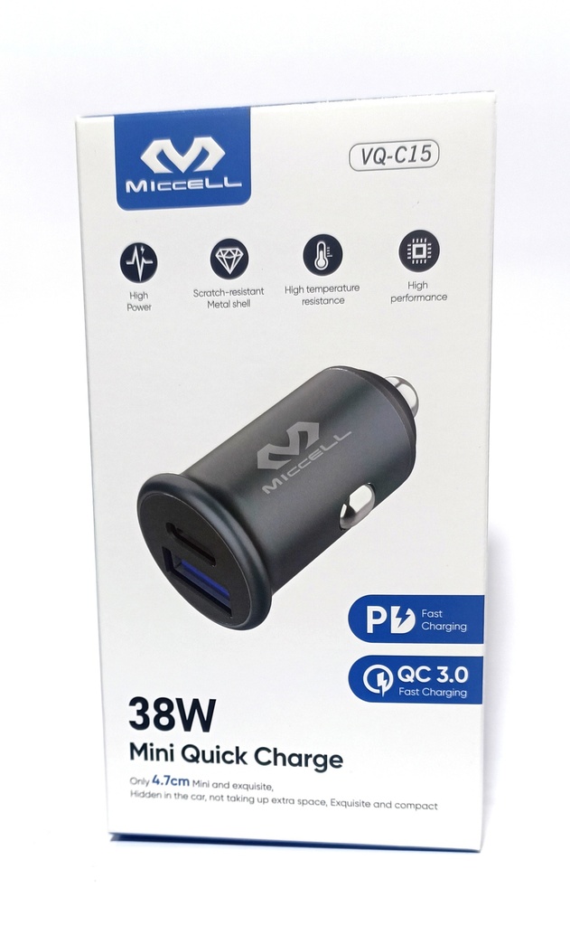 Cargador de Celulares para Carro, Miccell VQ-C15 38w PD202 + QC3.0, Puerto Usb y tipo C